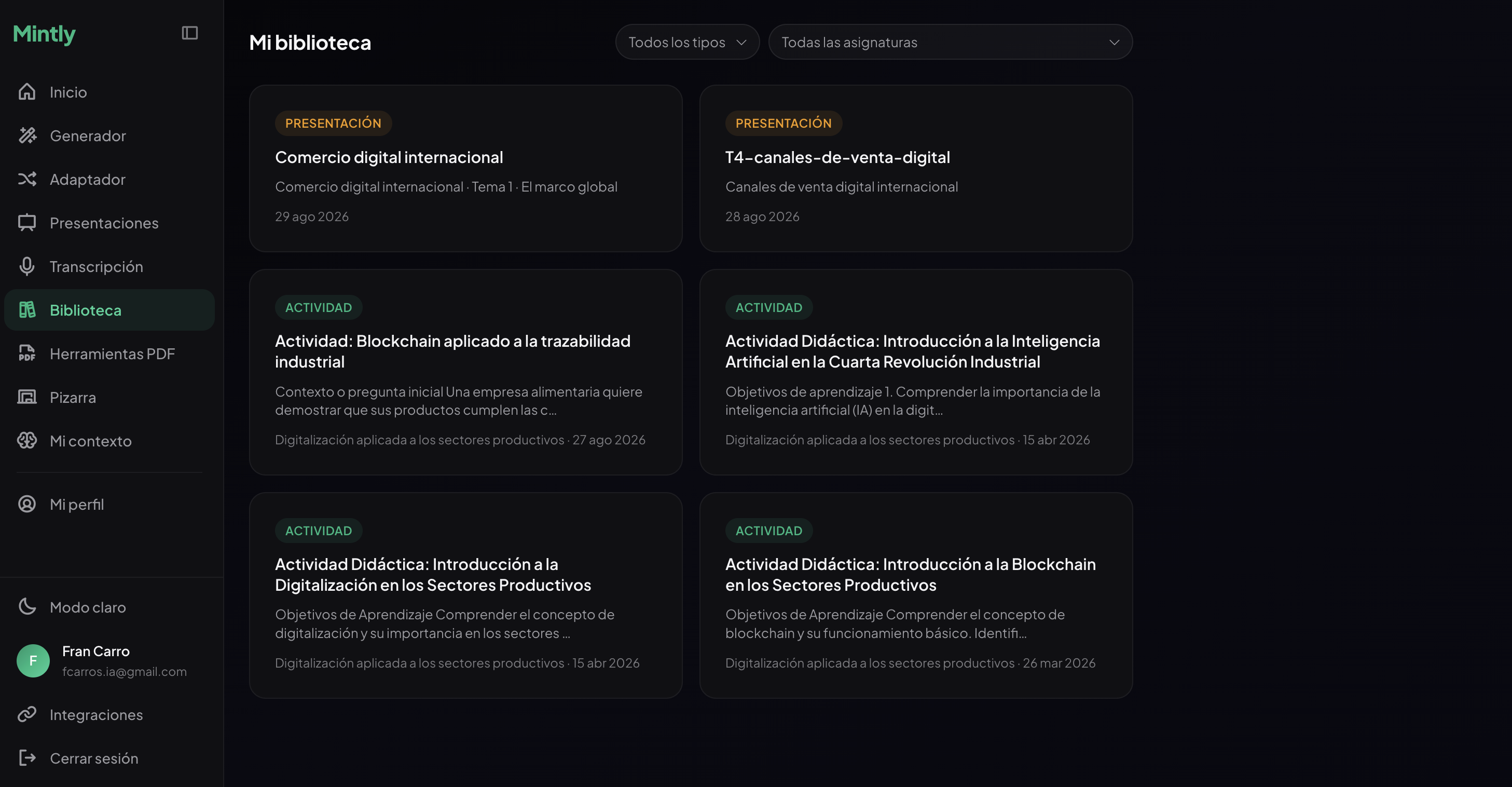 Biblioteca de materiales de Mintly Edu con filtros por tipo y asignatura