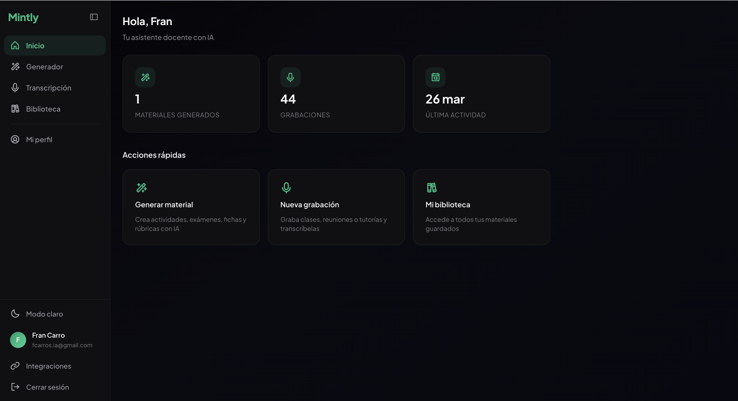 Dashboard de Mintly Edu con estadísticas del profesor