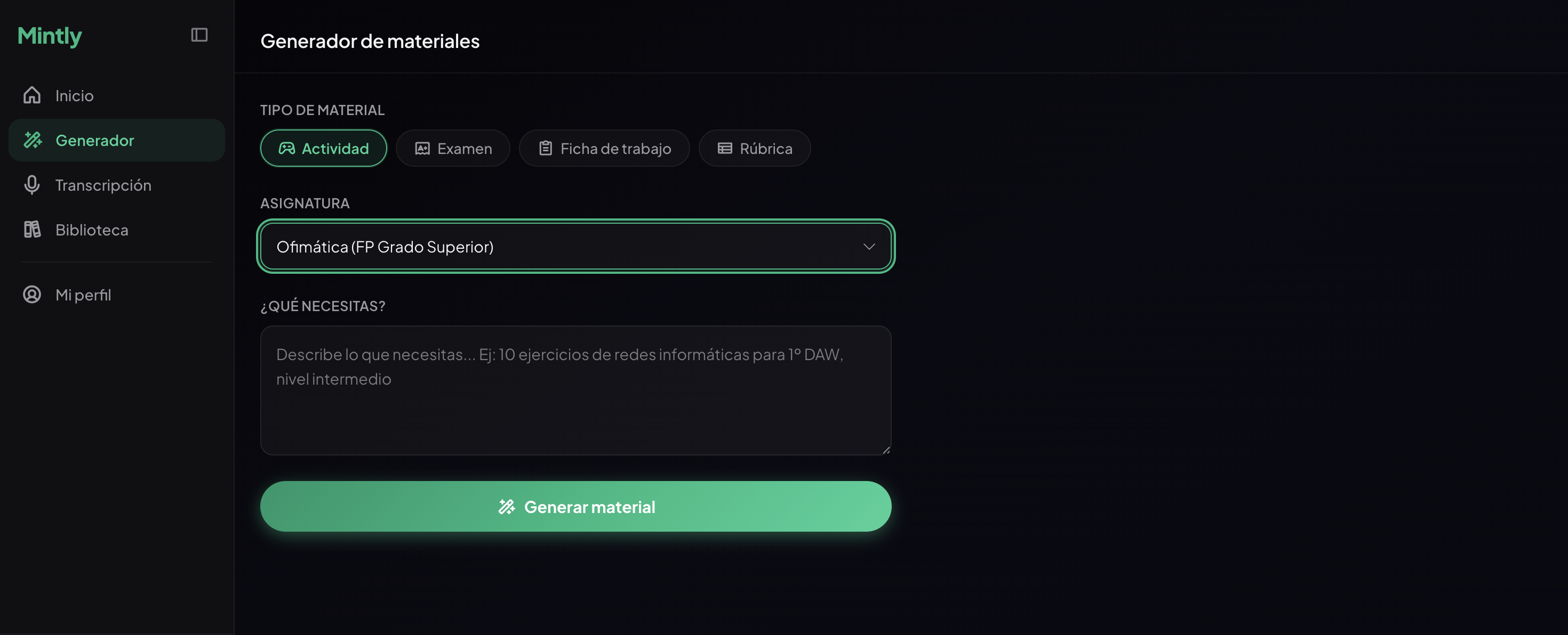 Generador de materiales de Mintly Edu
